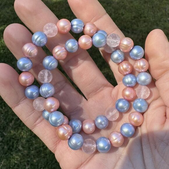 Honora 2 Freshwater Pearl Stretch Bracelets Set, Pink Blue & Faceted Rose Quartz - Picture 6 of 6